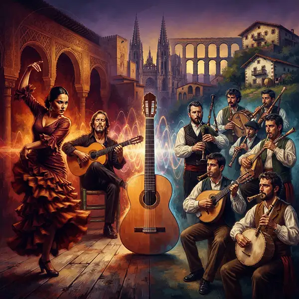 “Ilustración que representa el debate entre el flamenco como símbolo musical de España y la diversidad de sus tradiciones regionales.”