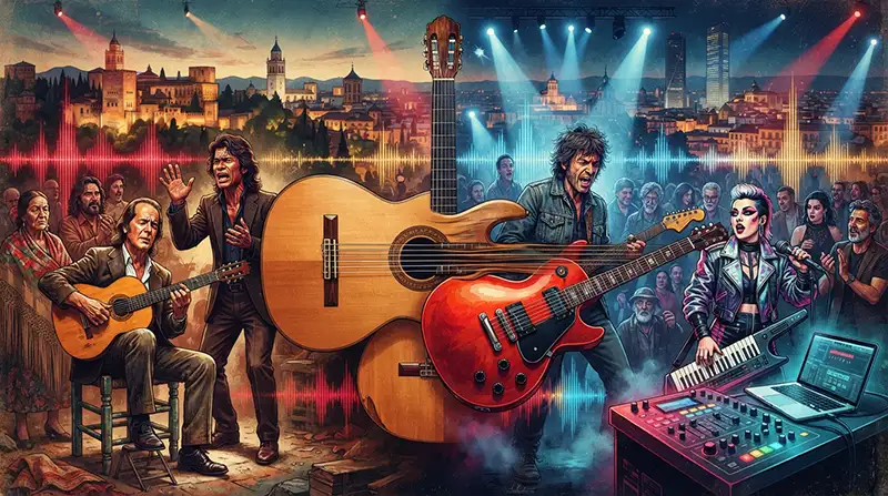 “Ilustración que representa la transformación de las tradiciones musicales españolas en nuevas fusiones de rock, pop, electrónica y música urbana.”