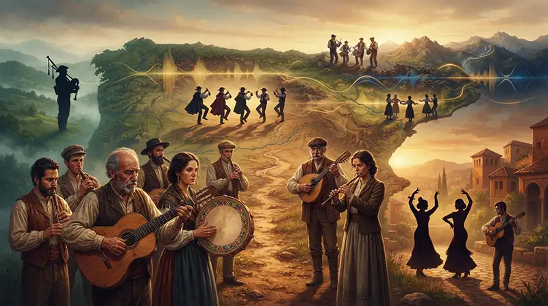 “Ilustración panorámica que representa la diversidad y evolución histórica de la música española a través de distintas tradiciones regionales.”