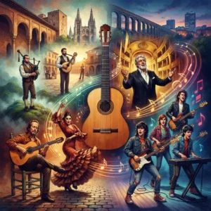 “Ilustración de una trivia sobre la historia de la música española con flamenco, música tradicional, zarzuela, rock y otras expresiones musicales.”
