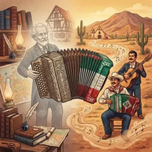 Acordeón europeo transformándose visualmente en un instrumento de música norteña junto a músicos mexicanos del norte.