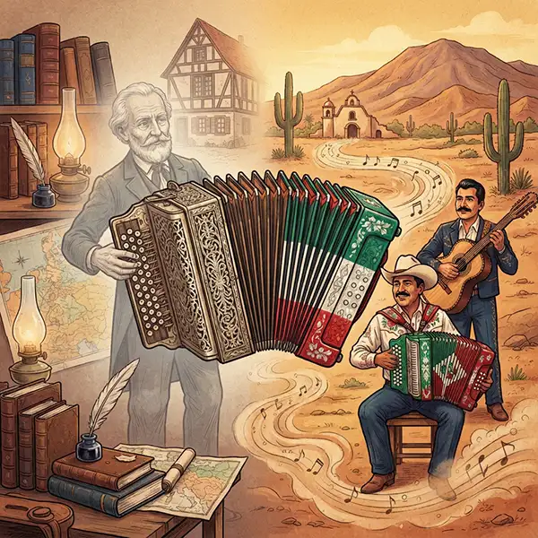 Acordeón europeo transformándose visualmente en un instrumento de música norteña junto a músicos mexicanos del norte.