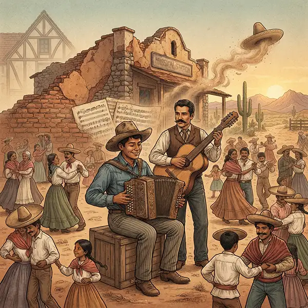 Norteña Historia Destacada Músicos mexicanos tocando acordeón y bajo sexto en una escena fronteriza del norte de México a finales del siglo XIX, representando el origen de la música norteña.