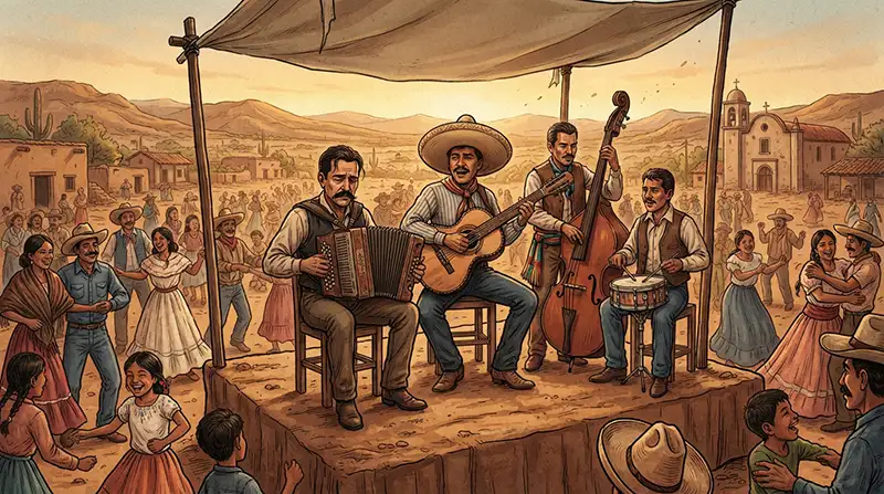 Conjunto norteño tradicional tocando acordeón y bajo sexto en una celebración del norte de México a comienzos del siglo XX.