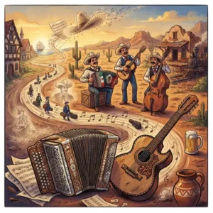 Ilustración de un acordeón y bajo sexto rodeados de músicos y elementos que representan el origen y evolución de la música norteña.