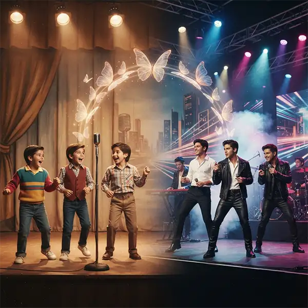 Representación simbólica del paso de un grupo infantil mexicano a una banda adulta, reflejando la transformación de La Onda Vaselina en OV7.