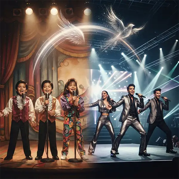 Representación simbólica de la transformación de La Onda Vaselina en OV7, desde sus inicios como grupo infantil hasta su etapa como jóvenes artistas.