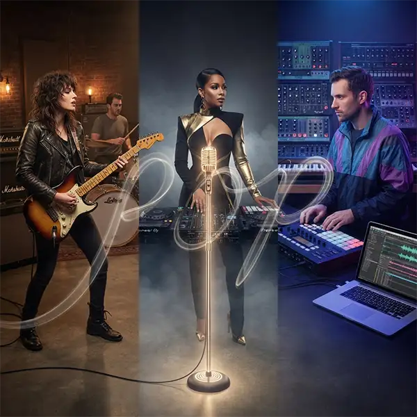 Representación visual del debate sobre si el pop es un género musical propio o una categoría que reúne diferentes estilos de música popular.