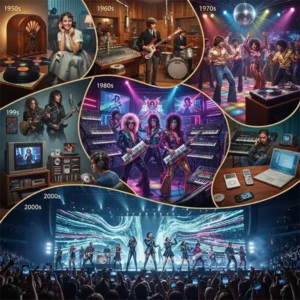 Pop historia trivia Representación de la evolución del pop desde la radio y los discos de vinilo hasta MTV, la música digital y el streaming.