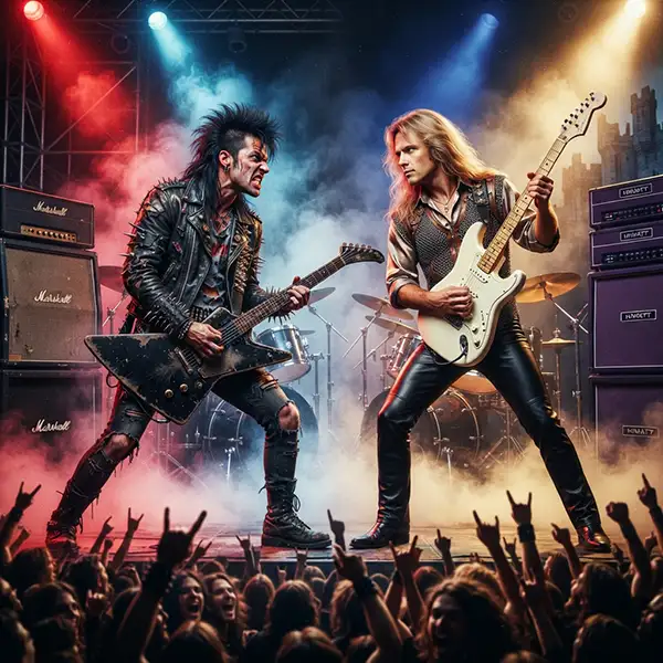 Representación del debate entre Power Metal y Speed Metal, dos géneros de metal enfrentados por sus similitudes y diferencias.