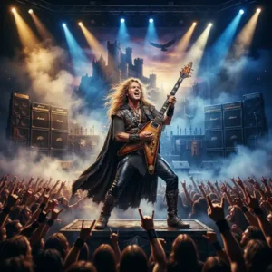 Trivia sobre Power Metal con un músico de metal actuando ante un público en un escenario de inspiración épica y fantástica.