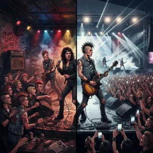 Una banda punk dividida entre un pequeño escenario underground y un gran espectáculo comercial, símbolo del debate sobre la comercialización del Punk.
