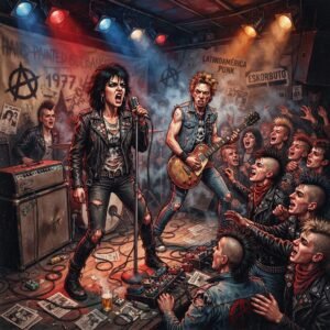 Ilustración de una banda de punk actuando en un escenario underground, símbolo de la revolución musical que transformó el rock.