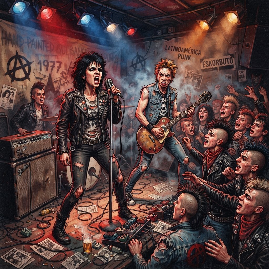 Ilustración de una banda de punk actuando en un escenario underground, símbolo de la revolución musical que transformó el rock.