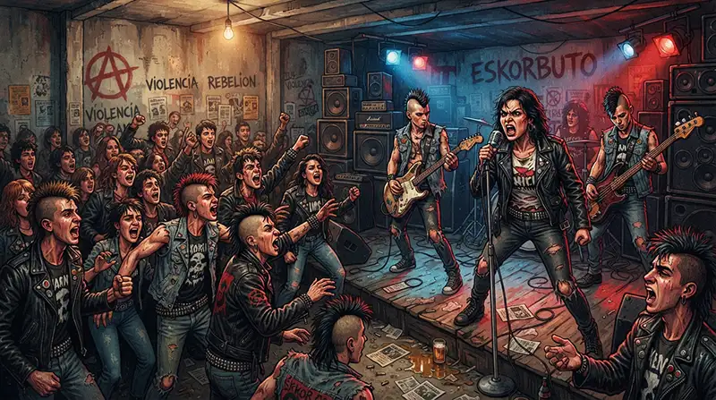 Concierto underground de punk en español que representa la expansión del género por España y Latinoamérica durante los años setenta y ochenta.