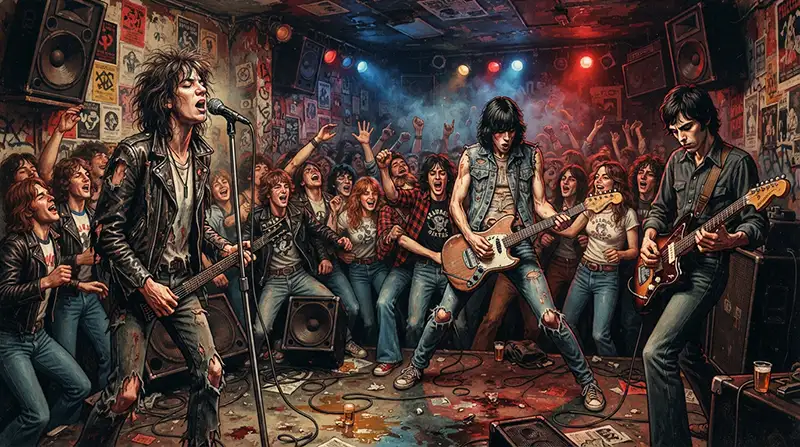 Escena de un club neoyorquino de los años setenta donde una banda de punk toca ante un público reducido y cercano al escenario.