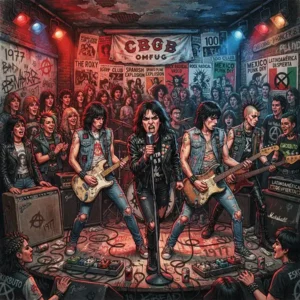 Ilustración de una escena punk que representa la evolución del género desde Nueva York hasta su expansión internacional y en español.