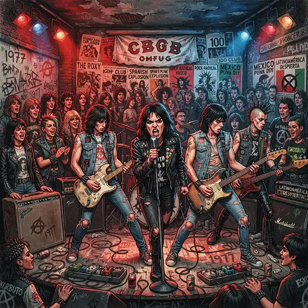 Ilustración de una escena punk que representa la evolución del género desde Nueva York hasta su expansión internacional y en español.