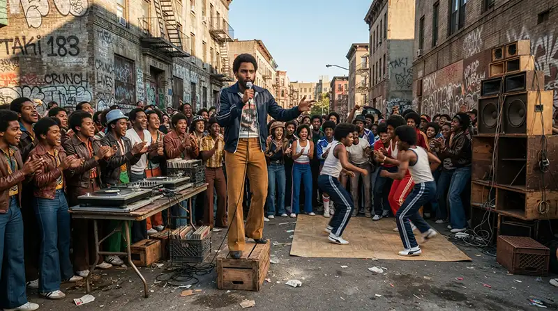 “MC actuando con micrófono frente a bailarines durante una fiesta de hip-hop en el Bronx a finales de los años setenta.”