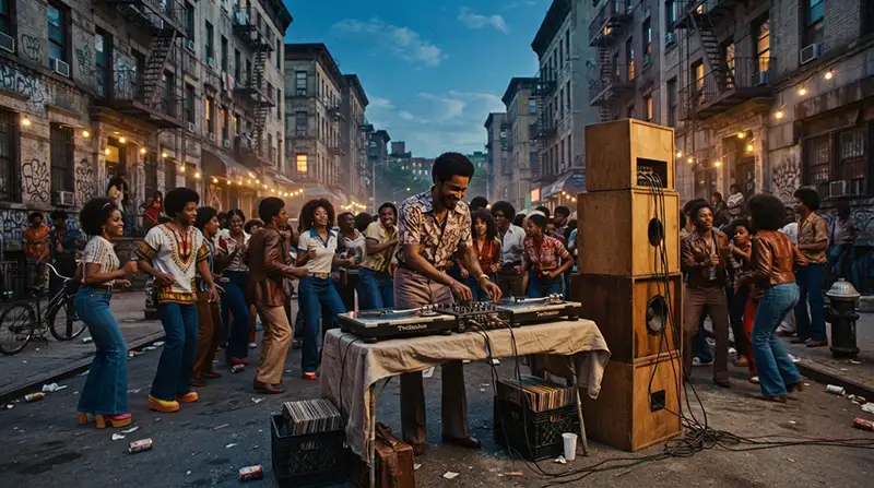 “Fiesta callejera del Bronx en los años setenta con un DJ y jóvenes bailando alrededor de un equipo de sonido.”