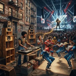 Rap Historia Trivia “Escena que representa la evolución del rap desde las fiestas del Bronx en los años setenta hasta su expansión como cultura musical global.”