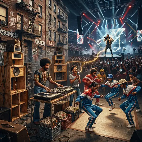 “Escena que representa la evolución del rap desde las fiestas del Bronx en los años setenta hasta su expansión como cultura musical global.”