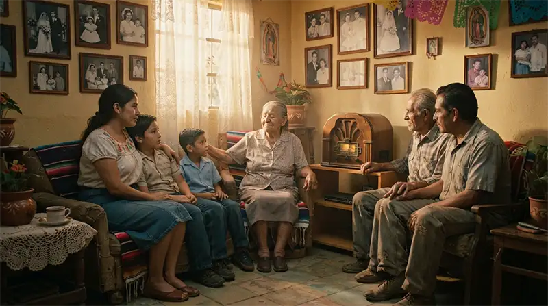 Tres generaciones de una familia mexicana escuchando música regional en una radio antigua.