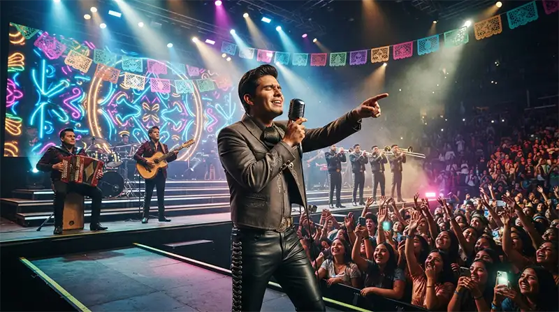 Joven intérprete de regional mexicano contemporáneo cantando en un gran escenario internacional.