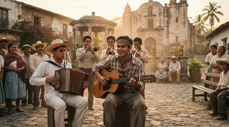 Músicos interpretando música tradicional mexicana en una plaza rural durante mediados del siglo XX.