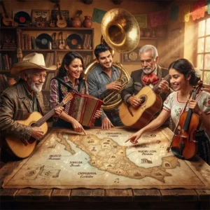 Regional mexicano historia trivia Ilustración de músicos representando distintos estilos del regional mexicano alrededor de elementos musicales tradicionales, simbolizando una trivia sobre la historia y evolución del género.