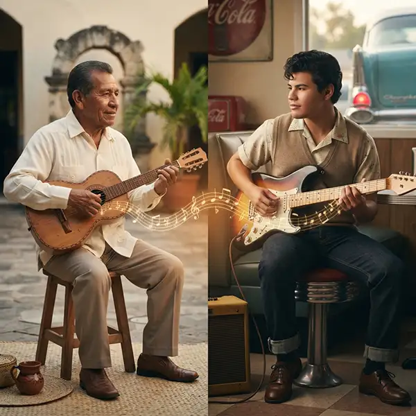 “Representación del viaje cultural de La Bamba desde la tradición musical de Veracruz hasta el rock and roll de Ritchie Valens.”