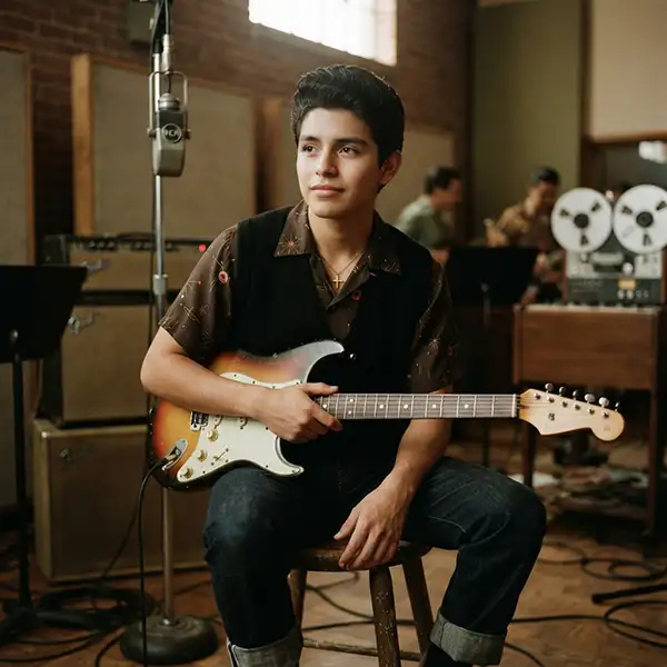 “Retrato inspirado en Ritchie Valens, joven músico mexicano-estadounidense con una guitarra eléctrica durante los años cincuenta.”