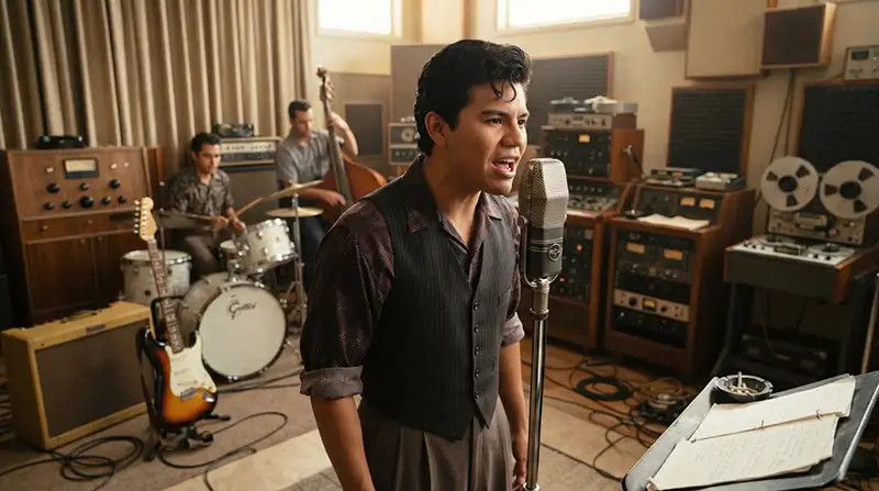 “Recreación de Ritchie Valens grabando una canción en un estudio de música en 1958.”