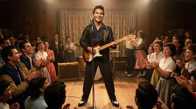 “Joven músico inspirado en Ritchie Valens tocando la guitarra ante un público juvenil en un escenario de 1959.”