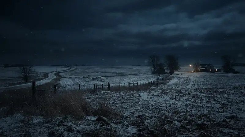 “Paisaje rural de Iowa durante la noche del accidente de Ritchie Valens en 1959.”