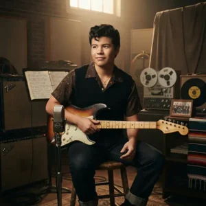 “Retrato inspirado en Ritchie Valens durante los comienzos de su carrera como músico de rock and roll en los años cincuenta.”