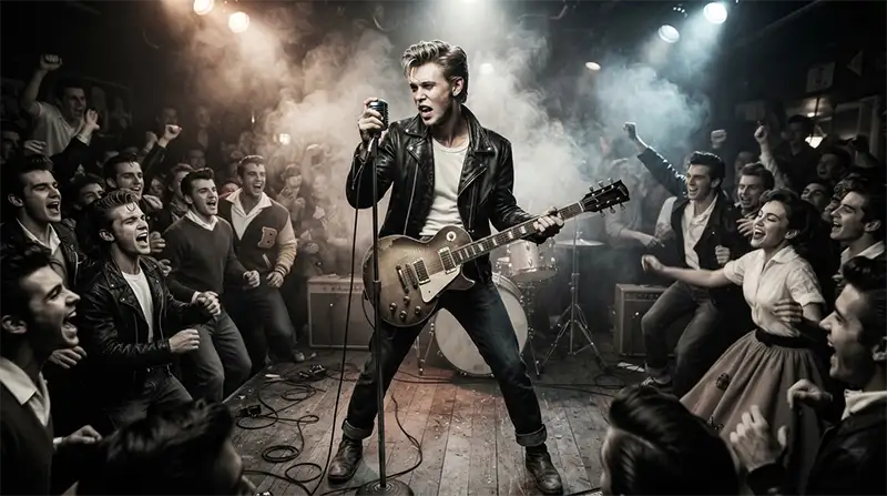 Joven cantante de Rock interpretando en un club estadounidense de los años cincuenta ante un público de adolescentes.