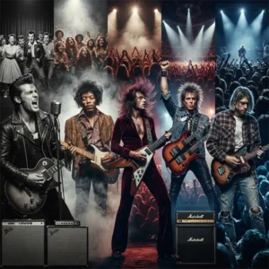 Rock Historia trivia Collage que representa la evolución del Rock desde el Rock and Roll de los años cincuenta hasta sus múltiples corrientes posteriores.
