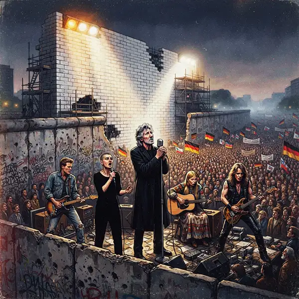 Gigantesco muro escénico de The Wall levantado en Berlín en 1990 ante una multitud, sobre el antiguo terreno fronterizo.