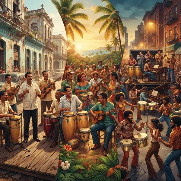“Representación de Cuba, Puerto Rico y Nueva York como protagonistas del debate sobre el origen de la salsa.”
