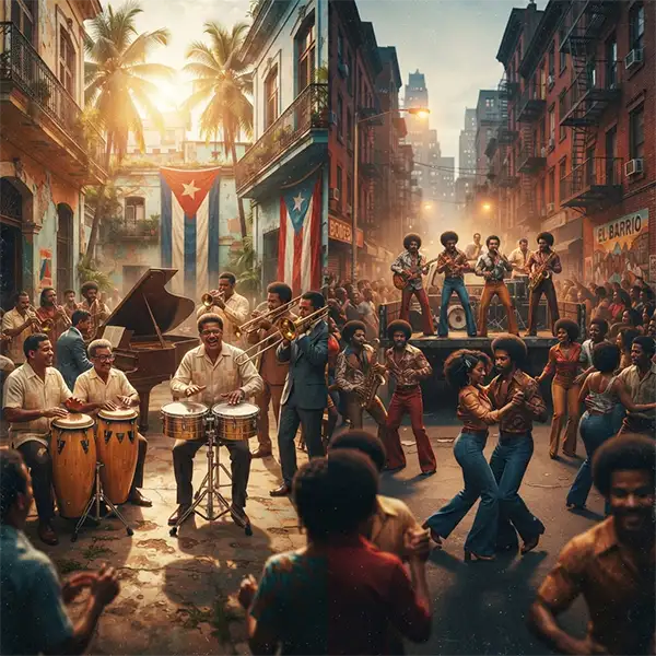 Orquesta latina y bailarines en una escena que representa las raíces y evolución de la salsa.