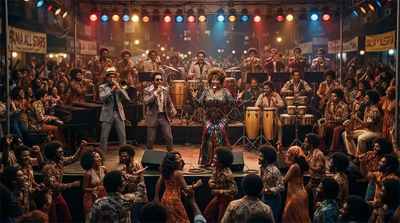 “Concierto de salsa en Nueva York durante la época dorada del género en los años 70.”