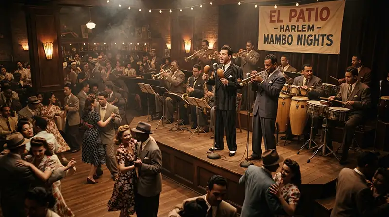 Orquesta latina tocando mambo en un club de Nueva York durante los años 1940.