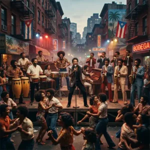 Orquesta de salsa interpretando música en Nueva York durante la época dorada del género.