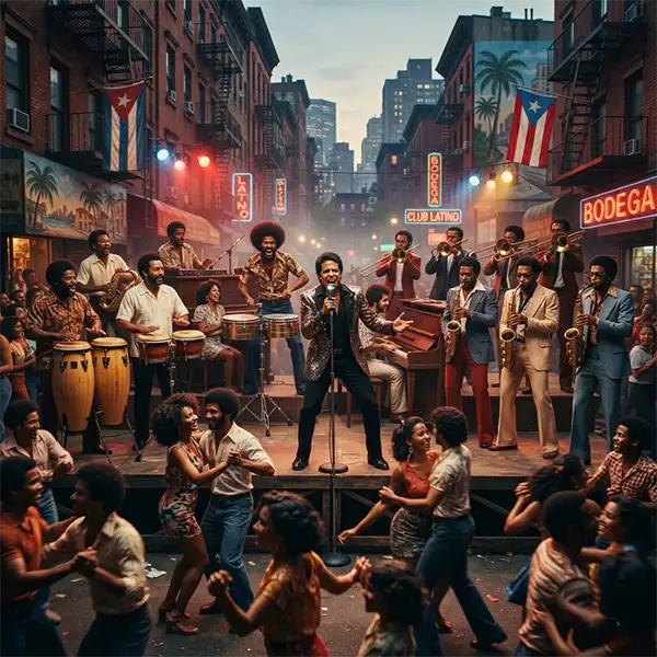 Orquesta de salsa interpretando música en Nueva York durante la época dorada del género.