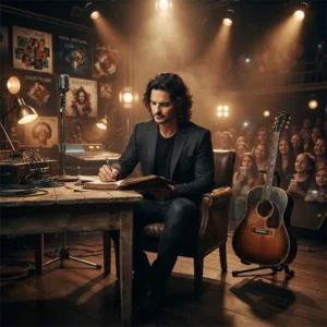 Señora de las cuatro décadas trivia Trivia sobre Ricardo Arjona representada con un compositor, una guitarra y elementos visuales de su trayectoria musical.
