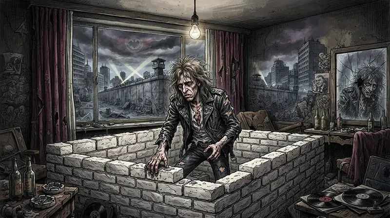 Ilustración surrealista de una estrella de rock construyendo un muro de ladrillos blancos en su habitación, con una ciudad dividida de fondo.