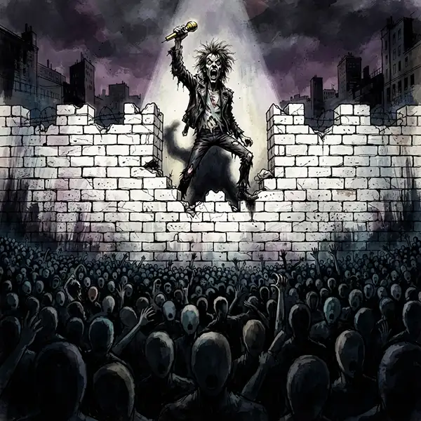 Ilustración cuadrada de una estrella de rock en la cima de un muro observada por una multitud sin rostro.