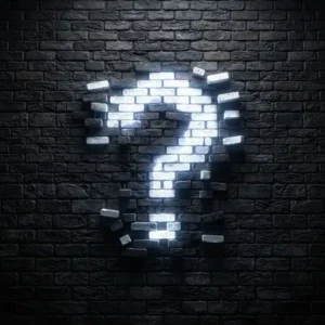 The wall trivia Ilustración editorial cuadrada de una textura de muro de ladrillos con un signo de interrogación brillante formado por ladrillos blancos dispersos.