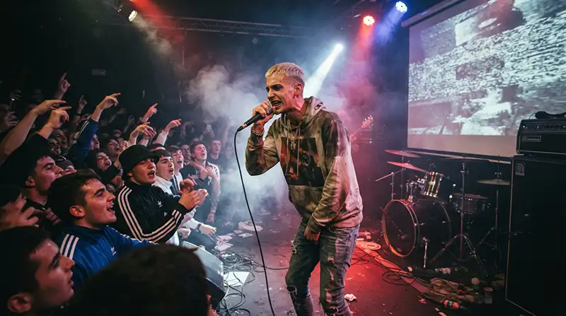 Artista urbano inspirado en Yung Beef actúa ante un público durante la expansión del trap español.